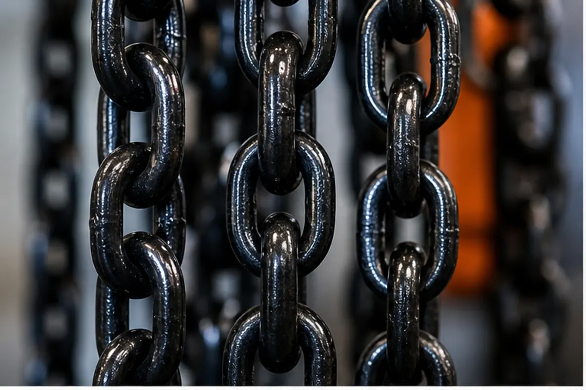 Close-up of hoist load chain links checked during service