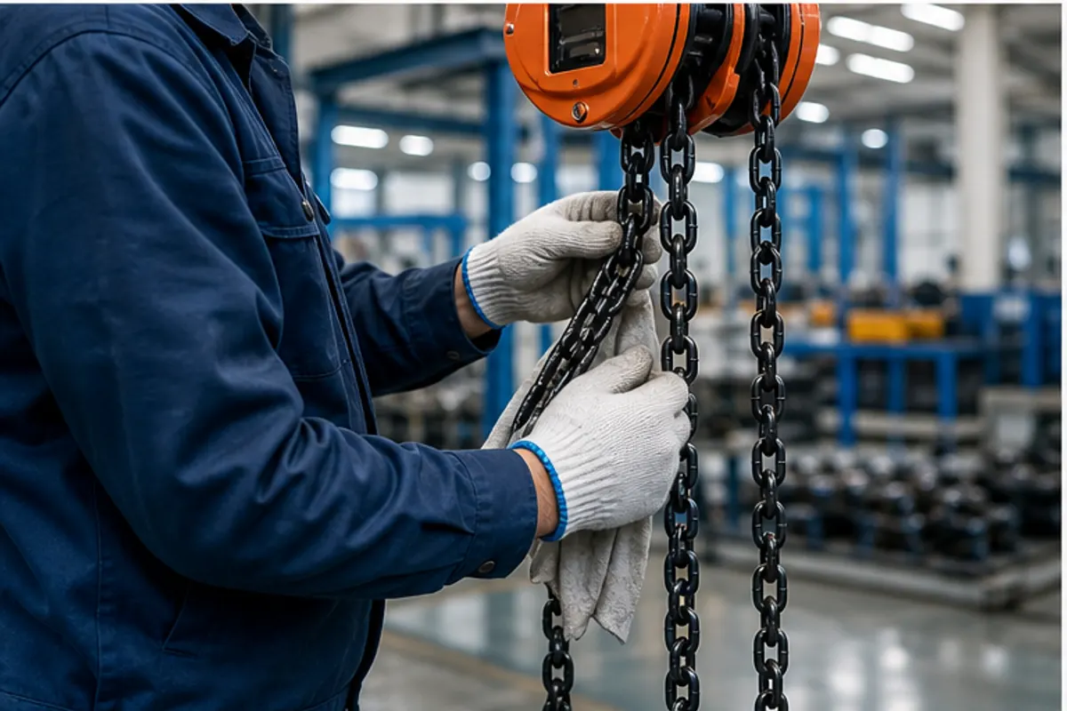 Technician inspecting a chain hoist before scheduled service in an industrial workshop